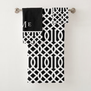 Black and White Trellis Monogram Editable Colour Bath Towel Set