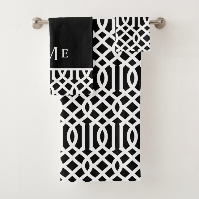 Black and White Trellis Monogram | Editable Colour Bath Towel Set (Insitu)
