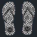 Black and White Trellis Monogram Thongs<br><div class="desc">Custom printed flip flop sandals with a stylish modern trellis pattern and your custom monogram or other text in a circle frame. Click Customise It to change text fonts and colours or add your own images to create a unique one of a kind design!</div>