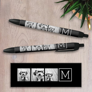 Black and White Trendy Photo Collage with Monogram Black Ink Pen