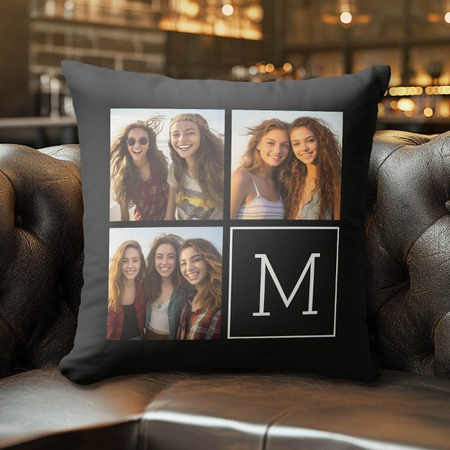 Black and White Trendy Photo Collage with Monogram Cushion (Custom Photo Pillow)