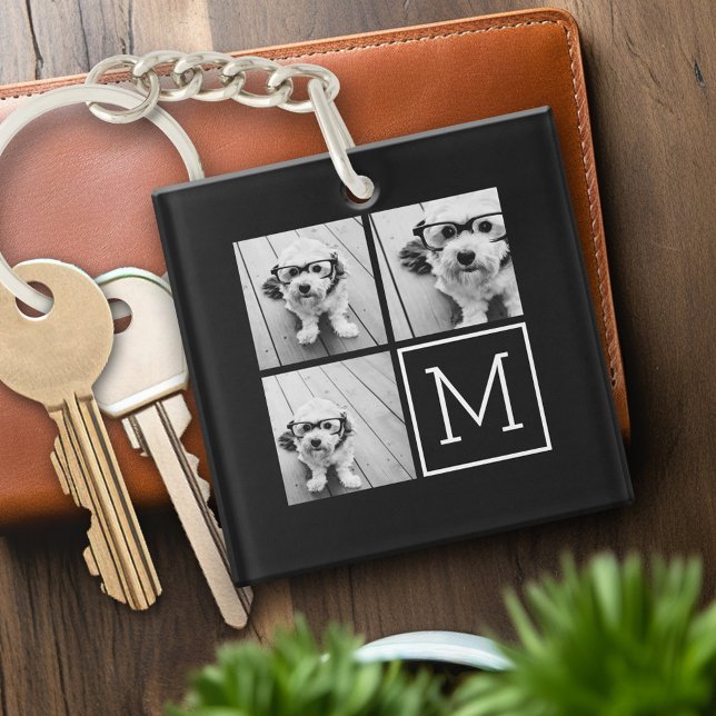 Black and White Trendy Photo Collage with Monogram Key Ring (Personalized Keychain with photo collage)
