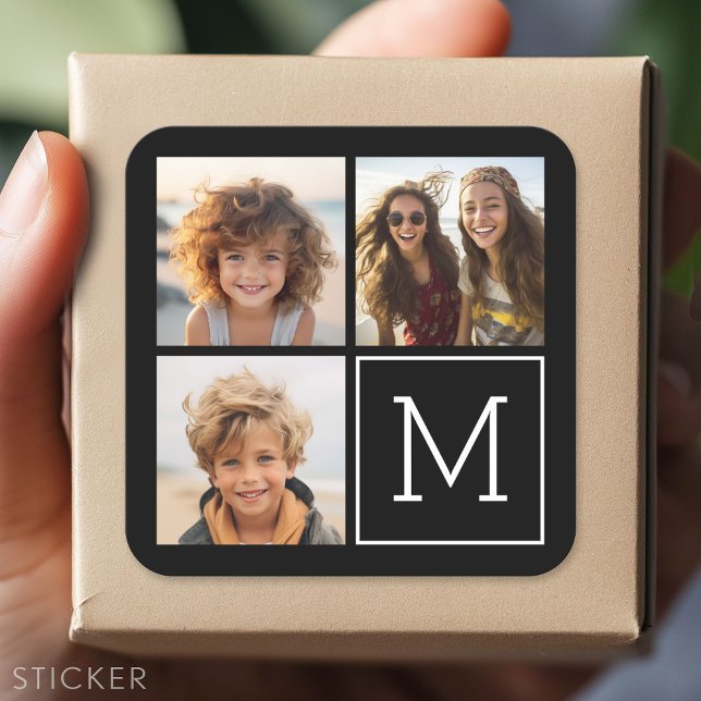 Black and White Trendy Photo Collage with Monogram Square Sticker (Custom Sticker - Personalize with your info for a party favor or gift)