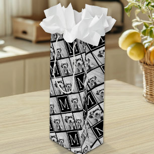 Black and White Trendy Photo Collage with Monogram Wine Gift Bag