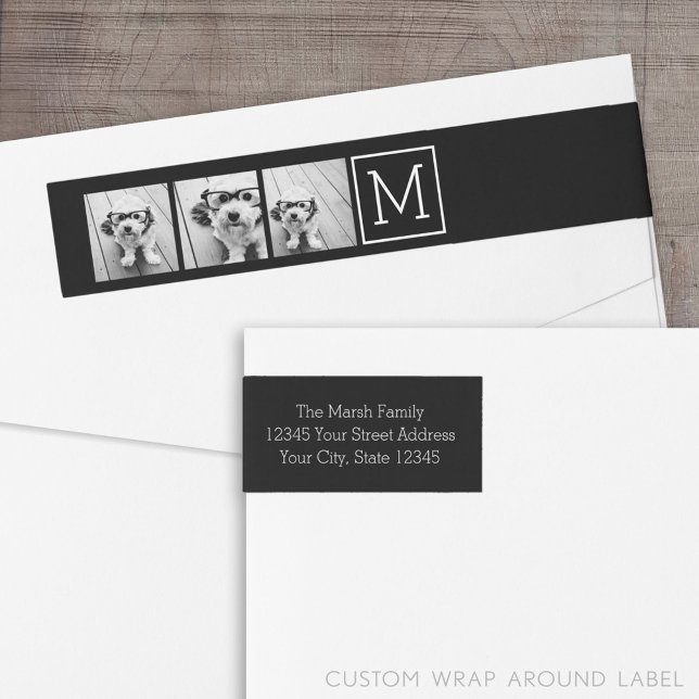 Black and White Trendy Photo Collage with Monogram Wrap Around Label (Custom Return Address Label with a Wrap Around Feature)