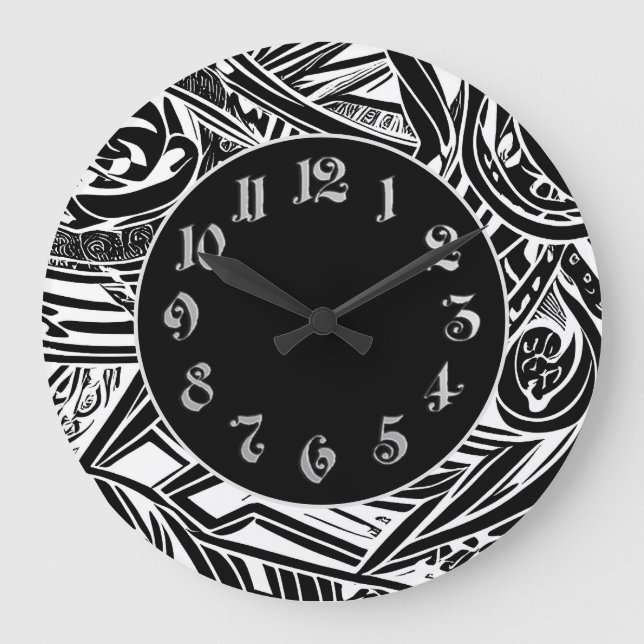 Black And White Tribal Abstract  Large Clock (Front)