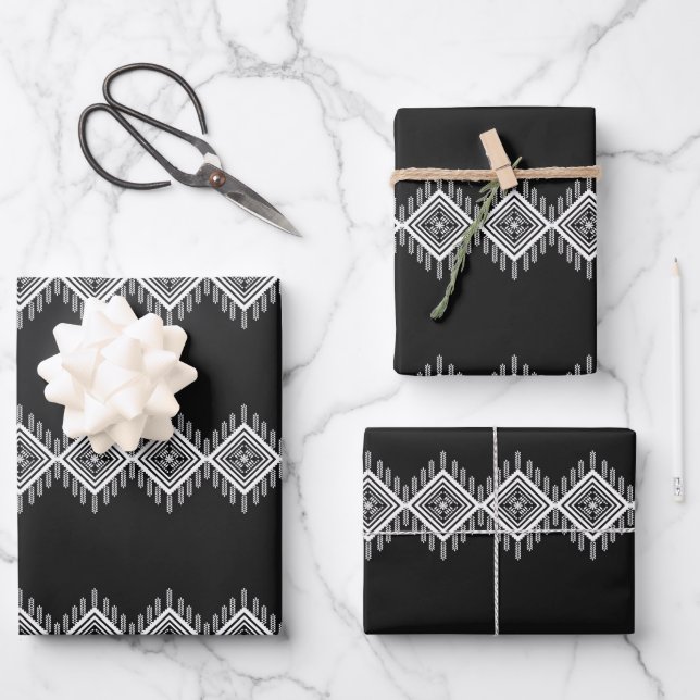 Black and White Tribal Art Wrapping Paper Sheet (Front)