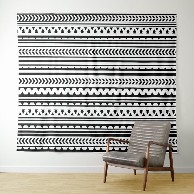 Black and White Tribal Aztec Pattern Tapestry (In Situ (Horizontal))