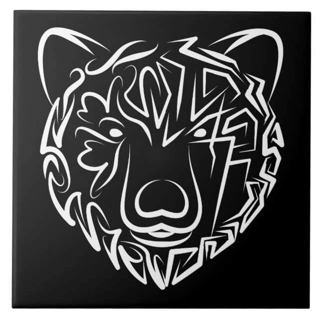Black and White Tribal Bear Ceramic Tile (Front)