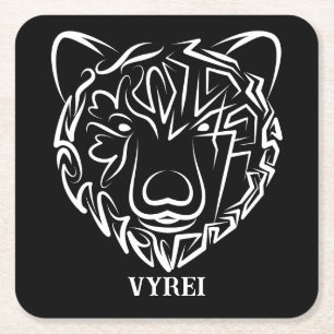 Black and White Tribal Bear Square Paper Coaster