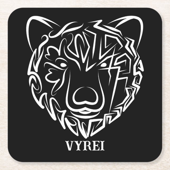 Black and White Tribal Bear Square Paper Coaster (Front)