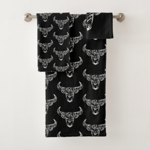 Black and White Tribal Bull / Ox Bath Towel Set
