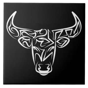 Black and White Tribal Bull / Ox Ceramic Tile