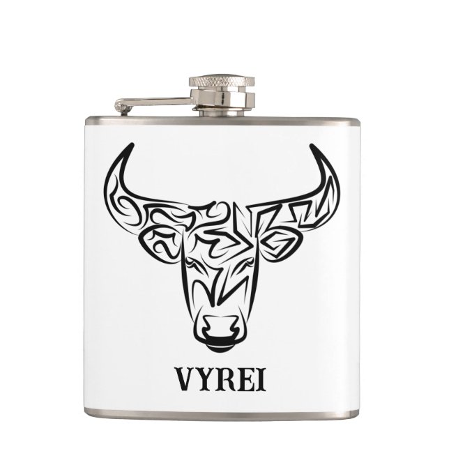 Black and White Tribal Bull / Ox Hip Flask (Front)