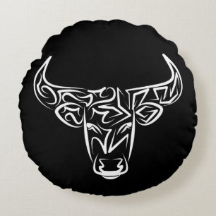 Black and White Tribal Bull / Ox Round Cushion