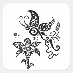 Black and white tribal butterfly square sticker