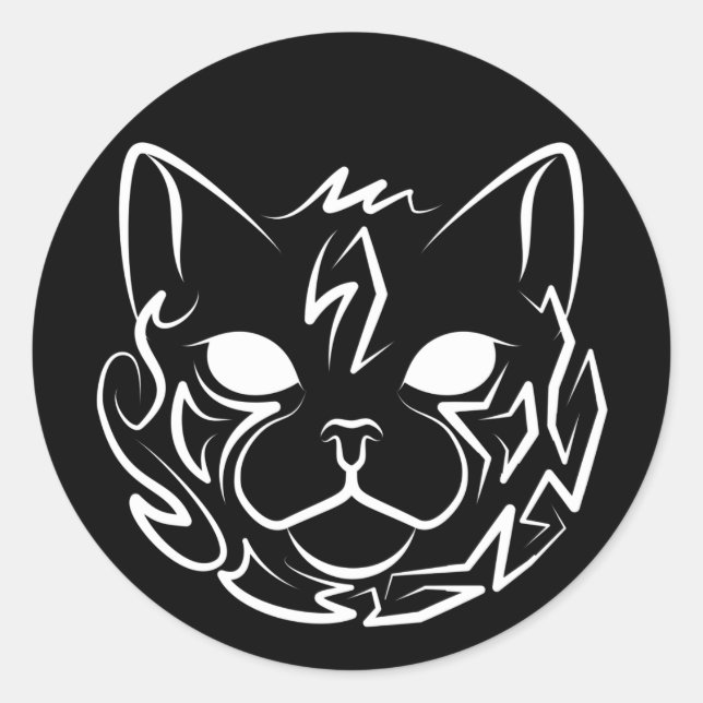 Black and White Tribal Cat Classic Round Sticker (Front)