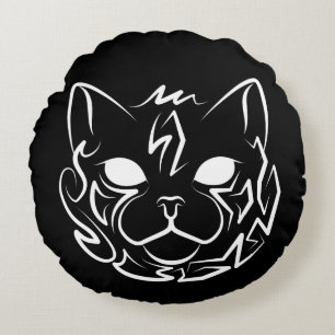Black and White Tribal Cat Round Cushion