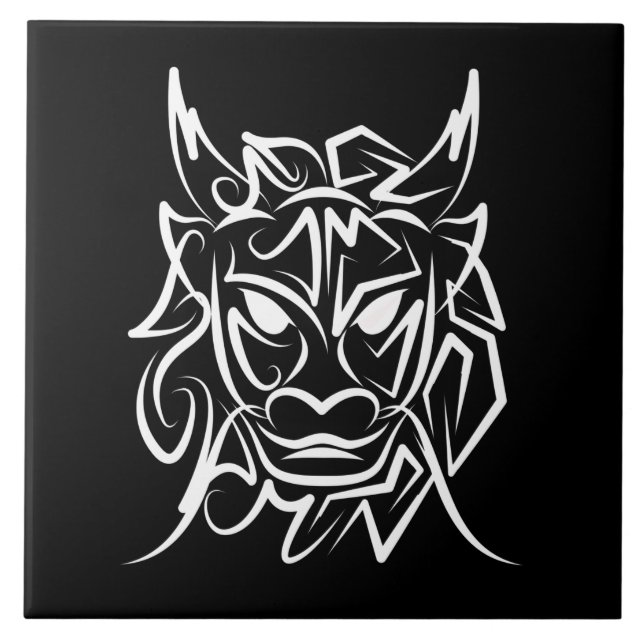 Black and White Tribal Dragon Ceramic Tile (Front)