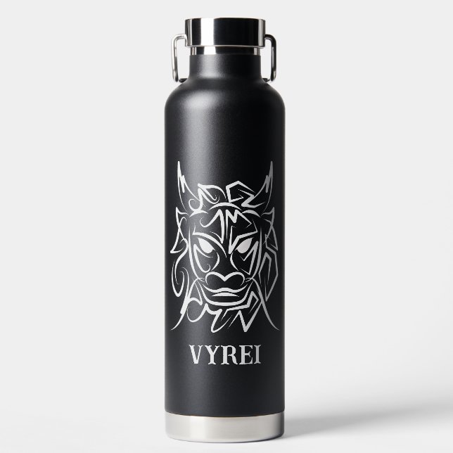 Black and White Tribal Dragon Water Bottle (Front)