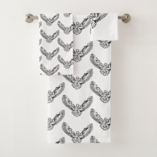 Black and White Tribal Flying Owl Bath Towel Set