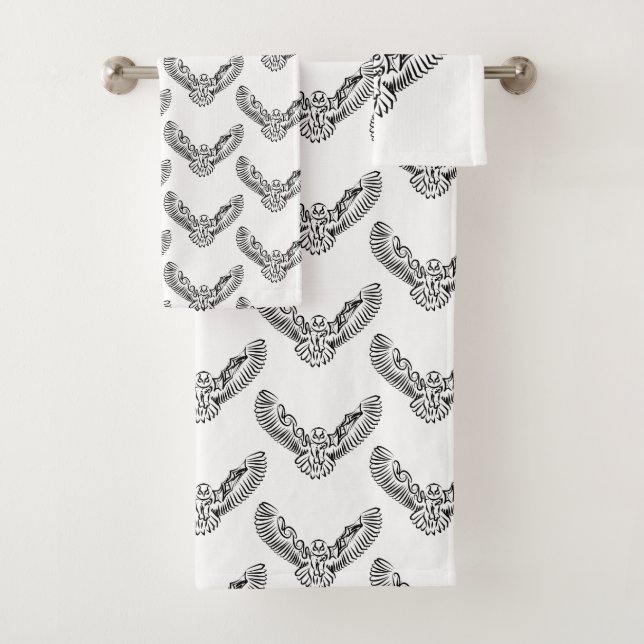 Black and White Tribal Flying Owl Bath Towel Set (Insitu)
