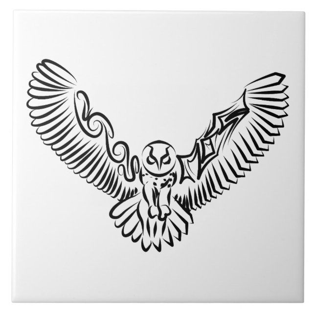 Black and White Tribal Flying Owl Ceramic Tile (Front)
