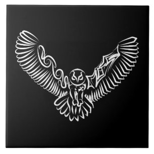 Black and White Tribal Flying Owl Ceramic Tile