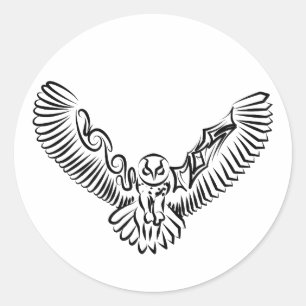 Black and White Tribal Flying Owl Classic Round Sticker