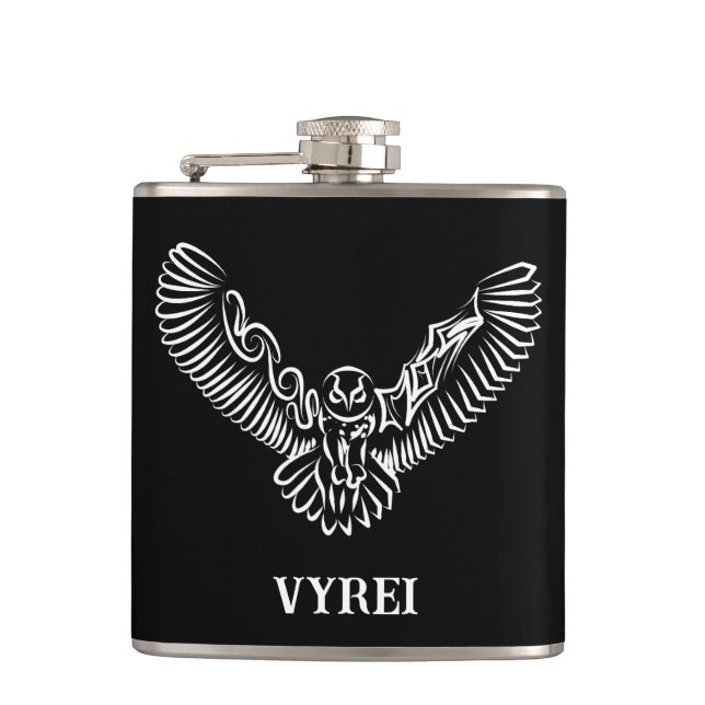 Black and White Tribal Flying Owl Hip Flask (Front)