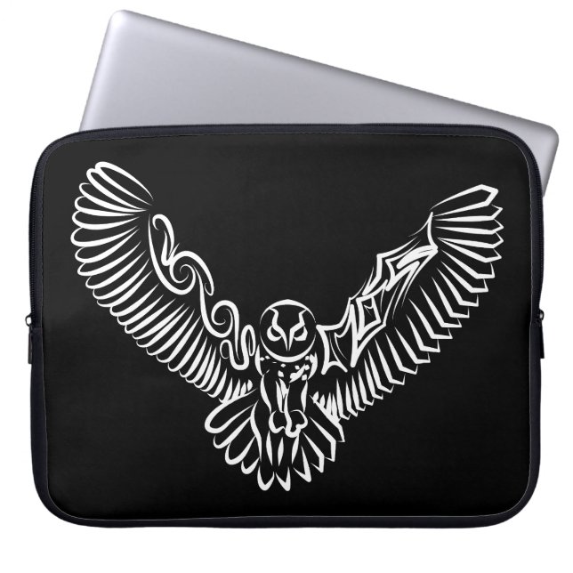 Black and White Tribal Flying Owl Laptop Sleeve (Front)