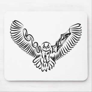Black and White Tribal Flying Owl Mouse Pad