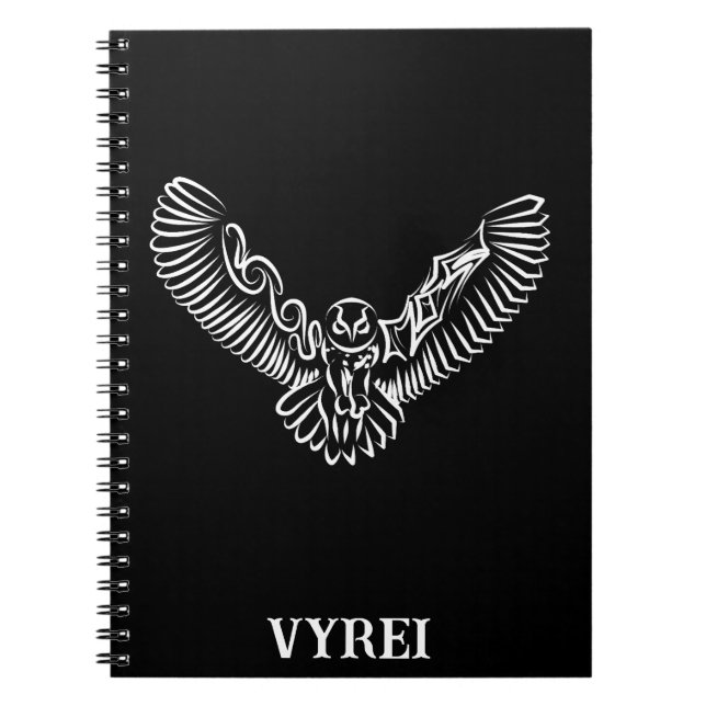 Black and White Tribal Flying Owl Notebook (Front)