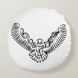 Black and White Tribal Flying Owl Round Cushion