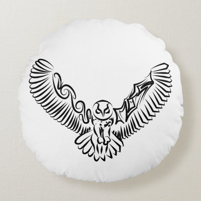 Black and White Tribal Flying Owl Round Cushion (Front)