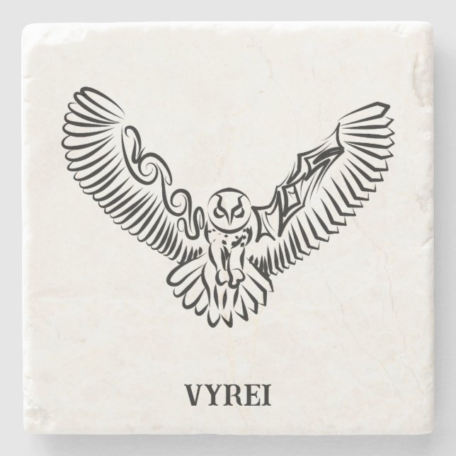 Black and White Tribal Flying Owl Stone Coaster (Front)