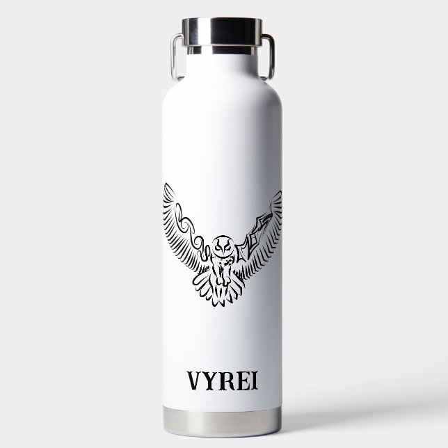 Black and White Tribal Flying Owl Water Bottle (Front)