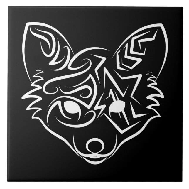 Black and White Tribal Fox Ceramic Tile (Front)