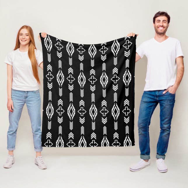 Black and white tribal geometric pattern fleece blanket (In Situ)