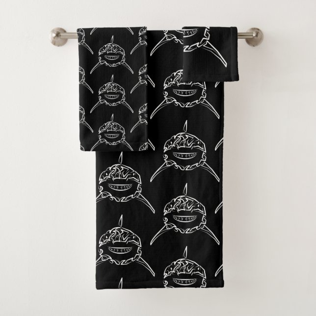 Black and White Tribal Great White Shark Bath Towel Set (Insitu)