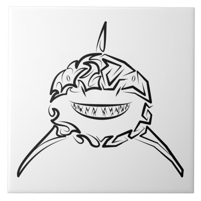 Black and White Tribal Great White Shark Ceramic Tile (Front)