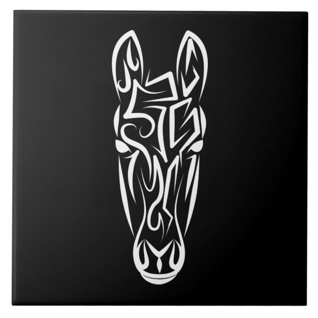 Black and White Tribal Horse Ceramic Tile (Front)