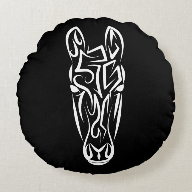 Black and White Tribal Horse Round Cushion (Front)