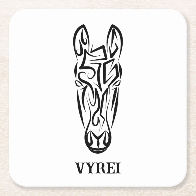 Black and White Tribal Horse Square Paper Coaster (Front)