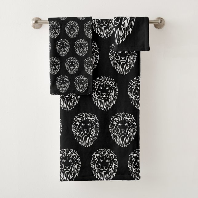 Black and White Tribal Lion Bath Towel Set (Insitu)