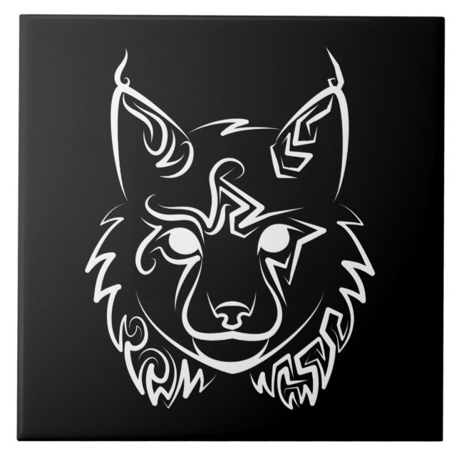 Black and White Tribal Lynx Ceramic Tile (Front)