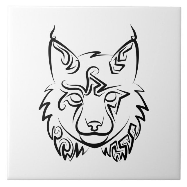 Black and White Tribal Lynx Ceramic Tile (Front)