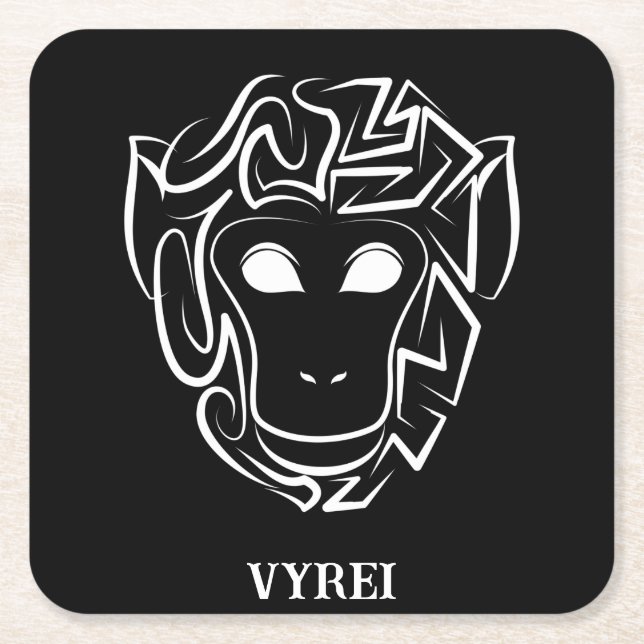 Black and White Tribal Monkey Square Paper Coaster (Front)