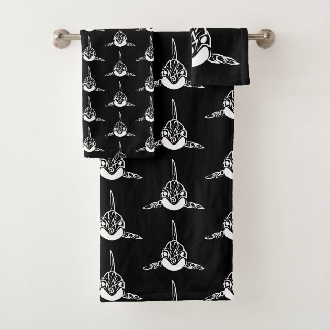 Black and White Tribal Orca Bath Towel Set (Insitu)