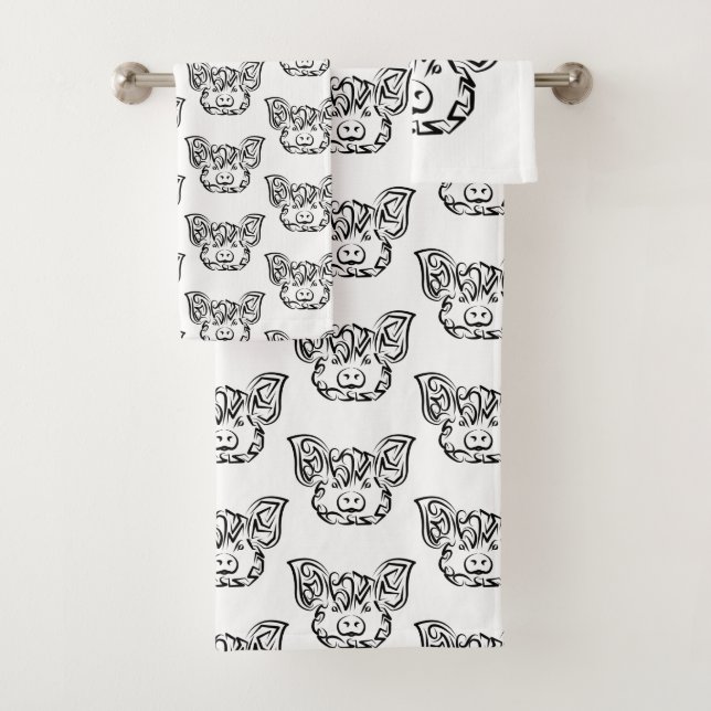 Black and White Tribal Pig Bath Towel Set (Insitu)